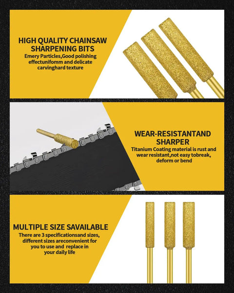 Durable Gold Titanium Chainsaw Sharpener Bits Set For Electric Saws, close-up view of 5/32 3/16 7/32 inch grinding bits