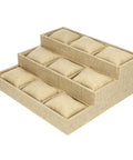 Top Linen Watch Tray With 9 Grids For Jewelry And Watch Storage, khaki linen, stacked design for organized storage.