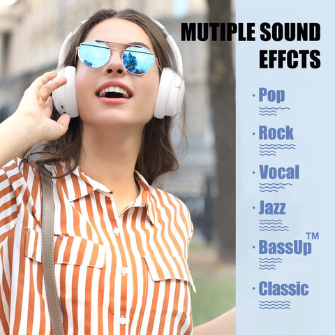 Woman wearing Over Ear Bluetooth Headphones With 65 Hour Battery Life, Dope Deep Bass, Six EQ Modes, Built-In Microphone