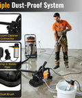 Heavy Duty Four Head Concrete Floor Grinder With Extendable Rod And Diamond Grinding Discs For Flawless Wall To Wall Finishes That Rip Through Tough Concrete Floors in use with dust-proof system components, vacuum, and water pipe.