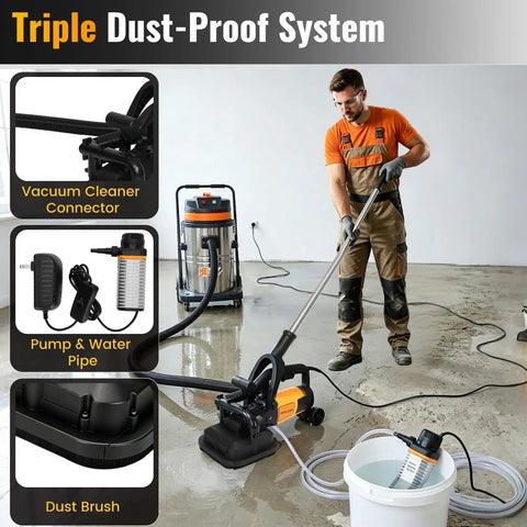 Heavy Duty Four Head Concrete Floor Grinder With Extendable Rod And Diamond Grinding Discs For Flawless Wall To Wall Finishes That Rip Through Tough Concrete Floors in use with dust-proof system components, vacuum, and water pipe.