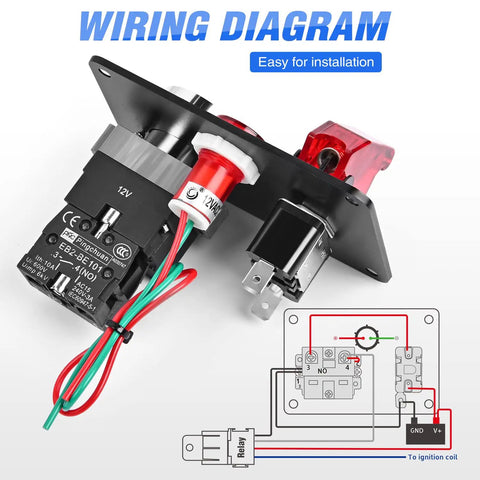 Back view of 12V 2 In 1 Ignition Switch Panel With Rocker And Engine Start Button Toggle Switches Relay Harness And LED Indicator