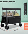 3 In 1 Collapsible Wagon With Canopy, All Terrain Wheels, 230L Capacity, 220 Lbs Load, Removable Shade Canopy, Foldable Utility Cart For Camping, Fishing, Garden And Sports, Black with luggage.