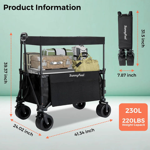 3 In 1 Collapsible Wagon With Canopy, All Terrain Wheels, 230L Capacity, 220 Lbs Load, Removable Shade Canopy, Foldable Utility Cart For Camping, Fishing, Garden And Sports, Black with luggage.