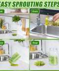 Sprouting Jar Kit For Homegrown Sprouts With Mason Jar Sprouter, Stainless Lids, Blackout Sleeves And Drain Tray, Easy Drainage For Bean, Broccoli, Alfalfa Sprouts shown in sprouting steps: soak, drain, grow, reap.