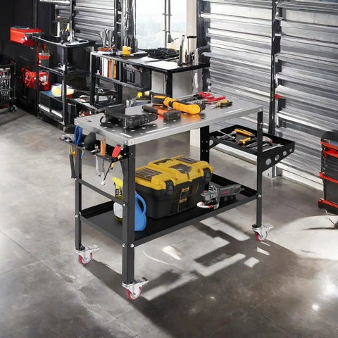 Welding Table 36 By 18 Inch With Wheels, 1200 Lbs Capacity, 8 Tool Slots, Five Eighth Inch Fixture Holes, Electroplated Metal Top