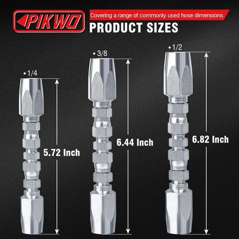 PIKWO 5-piece hydraulic hose field repair kit; reusable chrome-plated metal adapters for 1/4, 3/8, 1/2 in hose IDs