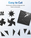 Image showing black adhesive shapes for DIY decorations, featuring various geometric designs and scissors for easy cutting.