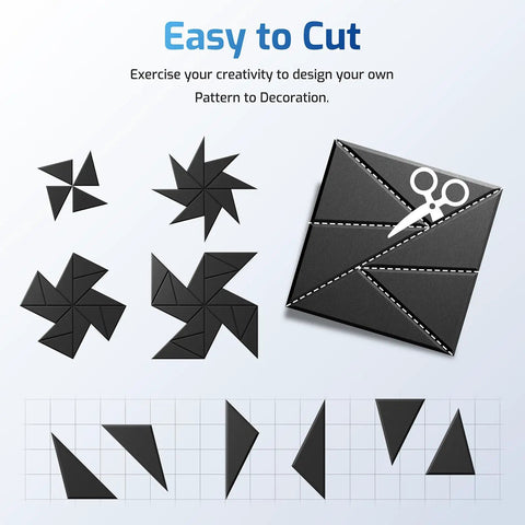 Image showing black adhesive shapes for DIY decorations, featuring various geometric designs and scissors for easy cutting.