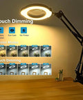 15X Magnifying Desk Lamp With Clamp And Base, showing 5 color modes and touch dimming options on a wooden table.