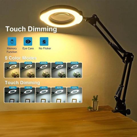 15X Magnifying Desk Lamp With Clamp And Base, showing 5 color modes and touch dimming options on a wooden table.