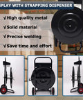 Heavy Duty Banding Cart And Dispenser For 8x8 And 16x16 Strapping, Built In Tool Tray For Seals And Tensioner, Durable Black Frame, Compatible With Steel, Poly, PET And Fiber Straps, front view
