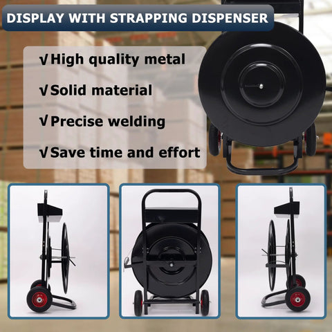 Heavy Duty Banding Cart And Dispenser For 8x8 And 16x16 Strapping, Built In Tool Tray For Seals And Tensioner, Durable Black Frame, Compatible With Steel, Poly, PET And Fiber Straps, front view