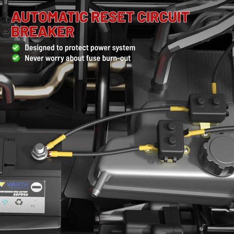 Beefy 40 Amp Auto Reset DC 12V To 24V Circuit Breaker With 10 By 32 Stud Terminals installed on automotive battery system.