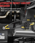 Close-up of Beefy Auto Reset Circuit Breaker 50 Amp 12V To 24V Dc Stud Bolt Terminals And Rugged Steel Housing on engine bay.