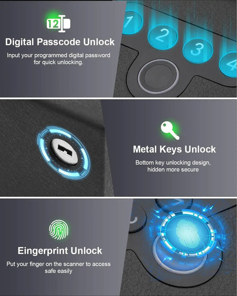 0.1 Second Quick Access Pistol Safe With Auto Sliding Door Triple Access Biometric Fingerprint, Digital PIN, No Fuss Emergency Key display