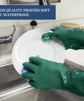 Person cleaning dish with Two Pairs Of Chemical Resistant Long Rubber Gloves Heavy Duty Waterproof For Chemical And Acid Work