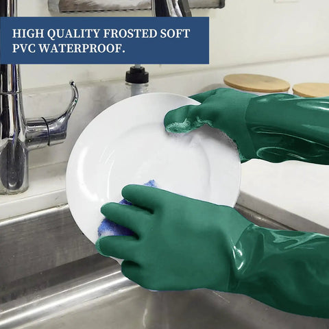 Person cleaning dish with Two Pairs Of Chemical Resistant Long Rubber Gloves Heavy Duty Waterproof For Chemical And Acid Work