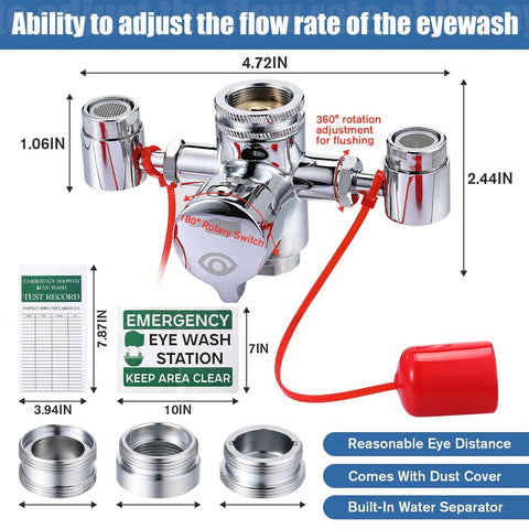 Faucet Mounted Eye Wash Kit With Emergency Continuous Flow Eyewash Station includes adapters, inspection tag, and sign