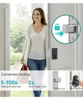 Next Level Smart Electronic Deadbolt Lock Providing Zero Drama Keyless Access With Lightning Biometric Scan and Remote Tap Control For Rock Solid Home Fortress Setup That Works Like Magic, shown with a woman entering a door.