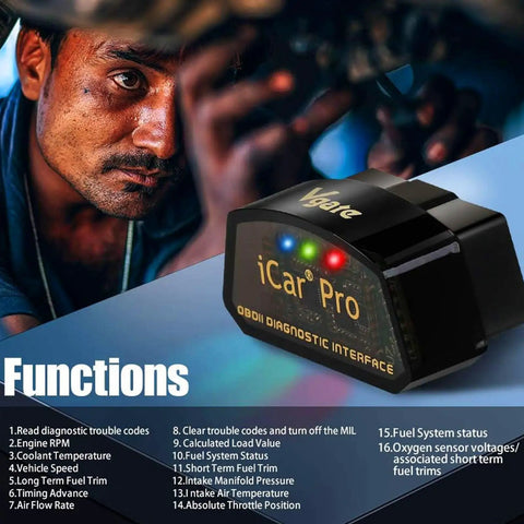 Bluetooth OBD2 Diagnostic Tool For iOS Android Windows displayed with product features and mechanic in background.