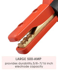 Close-up of 500 Amp Heavy Duty Welding Electrode Holder With Firm Grooved Jaw Grip For Five Eighths To Seven Sixteenths Inch Electrodes Brass Construction