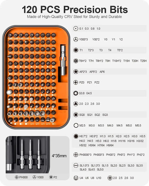 Close-up of 120 PCS Precision Bits from the 130-In-1 Precision Screwdriver Set With 120 Bits Magnetic Repair Kit For Electronics And Gadgets Built-In Mini Case.