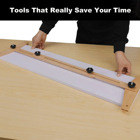 Person using Stair Tread Template Tool Pro Grade Jig With Adjustable Length from 30.5 to 49 Inches on wooden surface