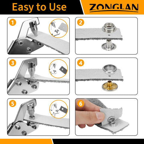 Heavy Duty Snap Fastener Tool Kit With 150 Sets Of Metal Snaps And Hoss Button Pliers Equipped With 2 Install Dies for easy DIY use.