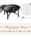 Outdoor Wood Burning Fire Pit With Cooking Grate Spark Screen Cover Log Grate And Poker showing mesh cover and grilling accessories