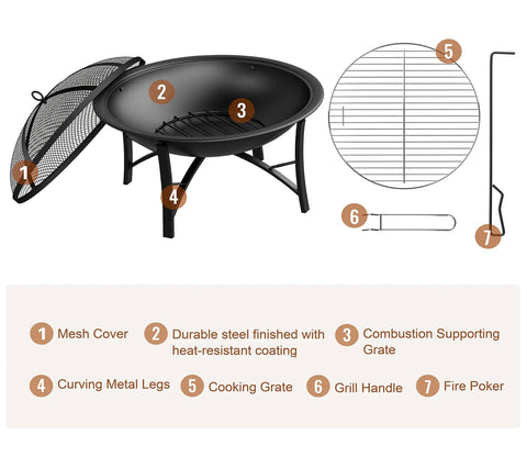 Outdoor Wood Burning Fire Pit With Cooking Grate Spark Screen Cover Log Grate And Poker showing mesh cover and grilling accessories