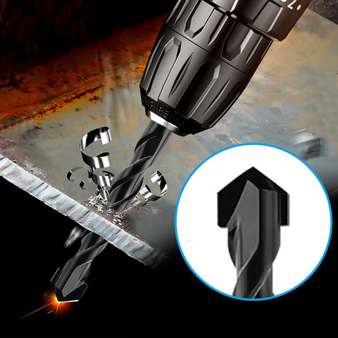 Close-up of Ten Piece Masonry Drill Bits Kit For Concrete Stone Brick Tile Glass Plastic Ceramic And Wood From Five Thirty Two To One Half Inch Sizes With One Quarter Inch Hex Shank Designed For Impact Drills And Rotary Tools in action, showing the drill bit cutting through metal surface with a detailed inset of the bit's carbide tip focus.