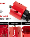 Heavy Duty Workhorse Bi Metal Hole Saw Kit and Hole Cutter Set with 26 Pieces of Durable Drilling Blades, showing bi-metal hole saw.