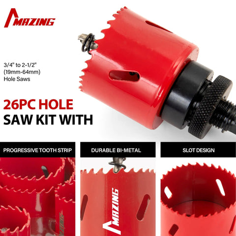 Heavy Duty Workhorse Bi Metal Hole Saw Kit and Hole Cutter Set with 26 Pieces of Durable Drilling Blades, showing bi-metal hole saw.