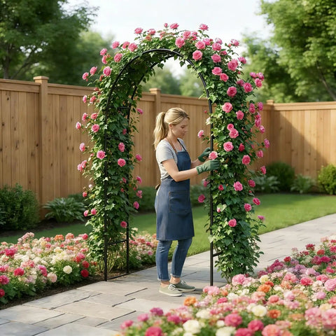 Gardener tending roses on Sturdy Iron Garden Pergola Arbor 7.9 Feet High By 4.6 Feet Wide With Freely Adjustable Two Size Options Ideal Wedding Garden Arch Or Bridal Party Decor For Climbing Plants Beefy Outdoor Metal Arch One Pack