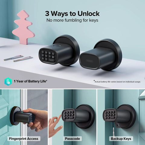 Fingerprint Door Knob With Keypad And Biometric Unlock, Three In One Keyless Entry For Interior Doors, showcasing features on wall