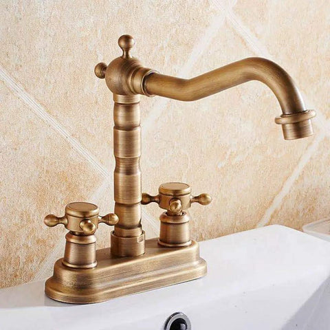 Old School Antique Brass Centerset Bathroom Faucet With Two Handles, Pop Up Drain And Hoses, 360 Degree Swivel Cross Knobs