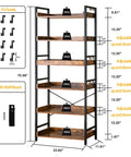 Adjustable Six Tier Open Bookcase With Mid Century Rustic Farmhouse Charm And Industrial Wood And Black Metal Build with detailed measurements and hooks.