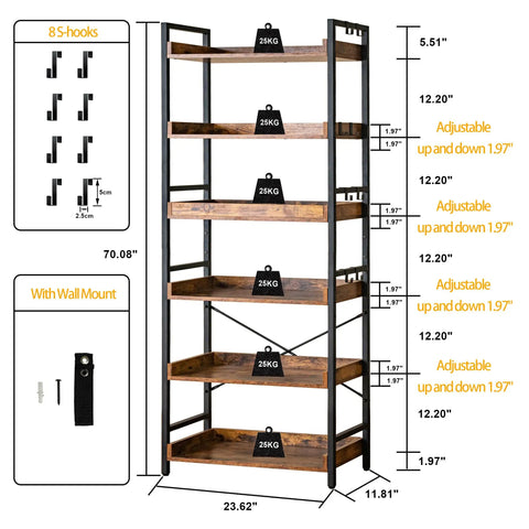 Adjustable Six Tier Open Bookcase With Mid Century Rustic Farmhouse Charm And Industrial Wood And Black Metal Build with detailed measurements and hooks.