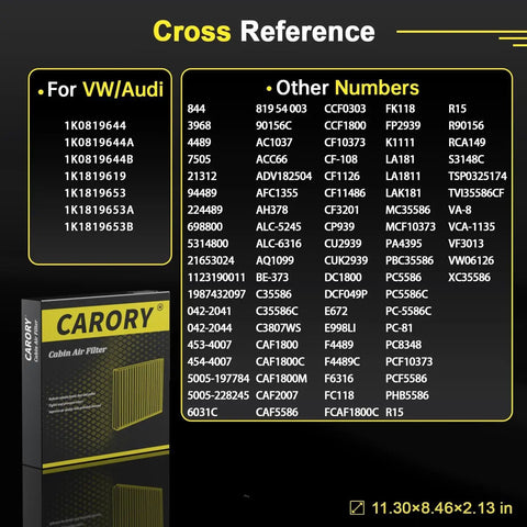 Cross reference chart for Activated Carbon Cabin Air Filter For VW Golf Jetta Passat Tiguan CC Beetle Eos Bora Caddy And Audi A3 Q3 Models 2004 2020