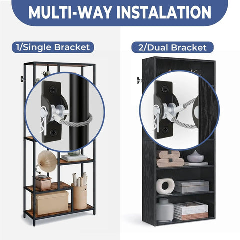 Heavy Duty Anti Tip Furniture Safety Straps For Baby Proofing And Wall Mirror Mounts installation guide showing single and dual brackets.