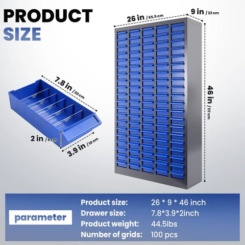 100 Drawer Nut And Bolt Organizer With Alloy Steel Frame And ABS Drawers, 26 Inch Long By 9 Inch Wide By 46 Inch High, shown with dimensions