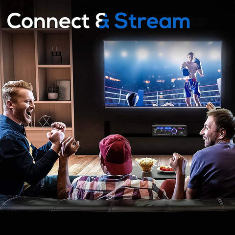 Living room scene with three people watching TV, highlighting the Dope Bluetooth Stereo Amplifier Receiver Delivers 2 X 120W Power For Home Audio
