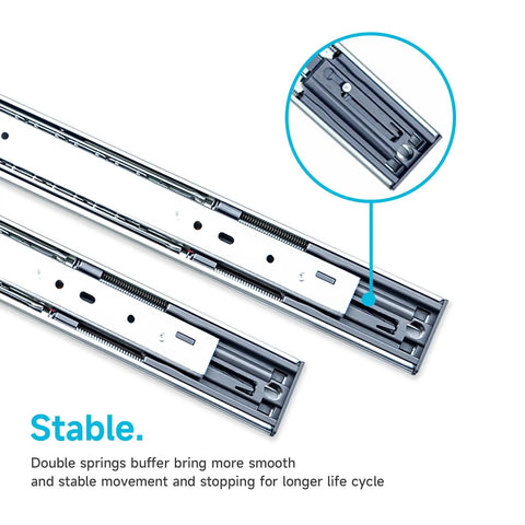Close-up view of Soft Close Drawer Slides 22 Inch Full Extension Side Mount 100 LB Capacity Ball Bearing Rails, zinc plated steel.