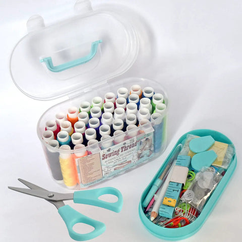 40 Colorful Spools Of Polyester Sewing Thread In A Portable Gift Box Kit With Accessories Like Needles And Scissors Visible
