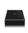 Slick Plug And Play Dual Bay 2.5 Inch SATA SSD HDD RAID Enclosure With Rock Solid USB 3.0 External Storage Housing For Blazing Data Transfers And Simple Raid Zero One Setup In Black, front view.