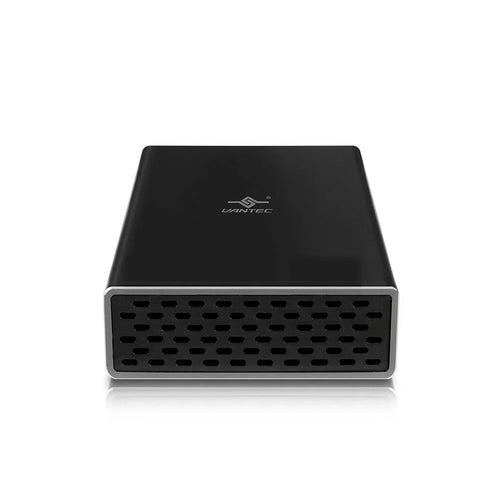 Slick Plug And Play Dual Bay 2.5 Inch SATA SSD HDD RAID Enclosure With Rock Solid USB 3.0 External Storage Housing For Blazing Data Transfers And Simple Raid Zero One Setup In Black, front view.