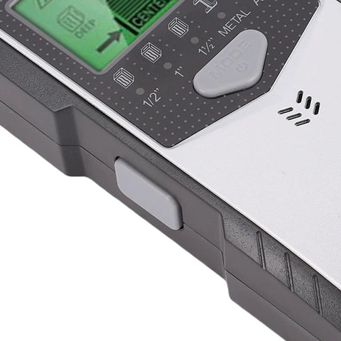 Close-up of Bewinner 5 in 1 Wall Scanner Detector's LCD display and buttons for detecting wood, metal, and AC wire.