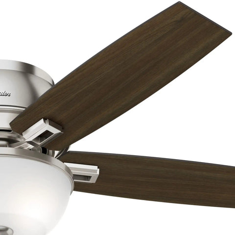 Close-up of Donegan 52 Inch Brushed Nickel Low Profile Ceiling Fan With Dope LED Light Kit And Pull Chain, wood blades, frosted glass