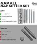 Leather Snap Setter Kit For Clean Consistent Installations At Home DIY Ready Tools For Belts Wallets Bags And Apparel Repairs Metal Base Block Multi Tool Snap Set on display with individual tools and comparison checklist.